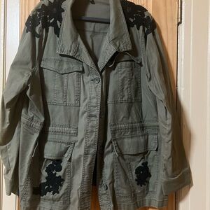 Lane Bryant Khaki Utility Jacket with Black Embroidery
